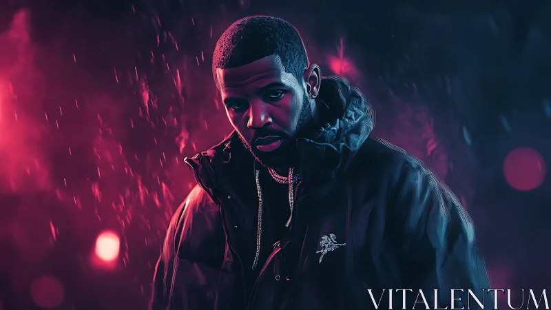 Neon-lit urban portrait under moody magenta and cyan haze.