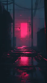 Neon alleyway glows through rain-soaked cyberpunk haze.