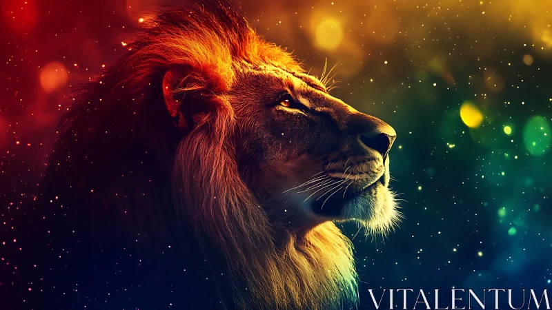 Bioluminescent profile study of male lion in nebula bokeh field.