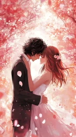 Romantic wedding couple embraces under soft pink blossoms