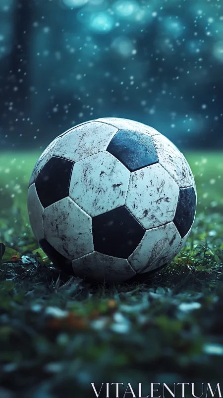 Weathered soccer ball rests on wet grass in soft rain
