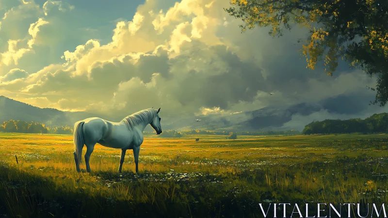 White horse standing in sunlit meadow under storm clouds.