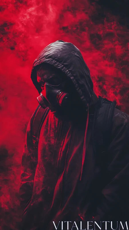 Hooded wanderer in crimson smoke, lost in quiet mystery.