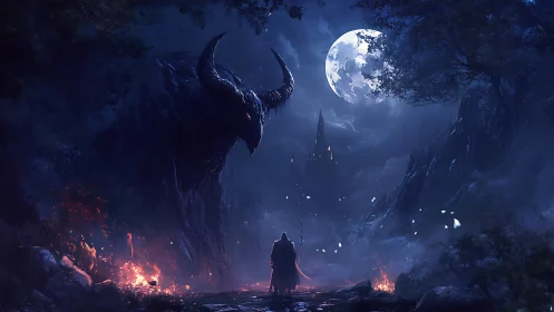 Moonlit warlock confronts colossal horned shadow at gates.