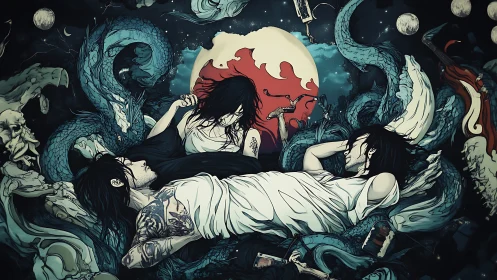 Dark surreal trio with serpents, moon and swirling chaos.
