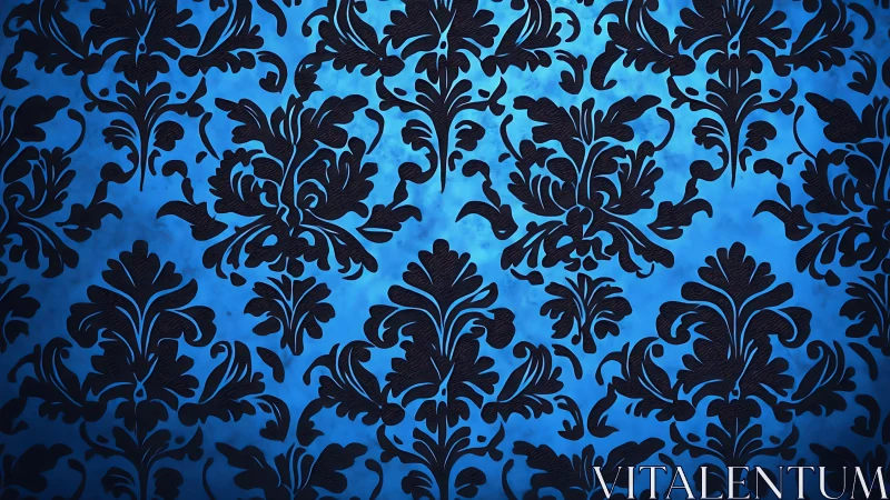 Baroque damask pattern over luminous blue background.
