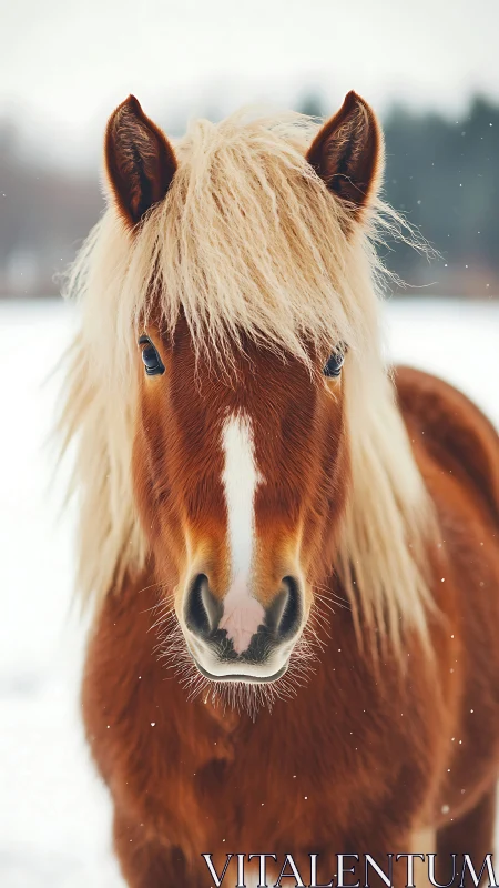 Chestnut horse stands in snowy field with blond winter coat