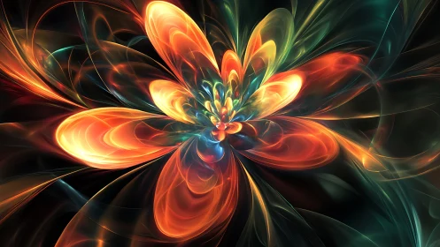 Luminous fractal flower unfolds in radiant flowing light forms.