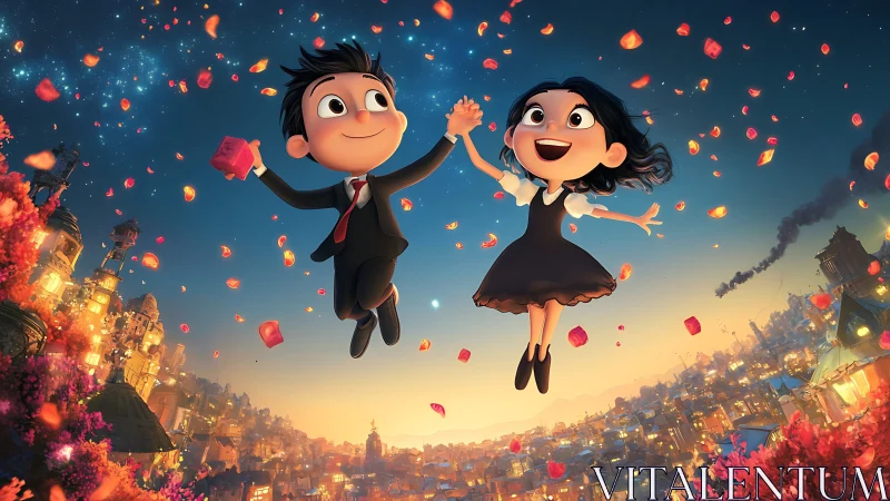 Celestial jubilation rendered with parametric 3D character animation against urban landscape