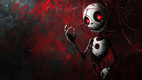Skeletal doll robot stands in red wired abstract void