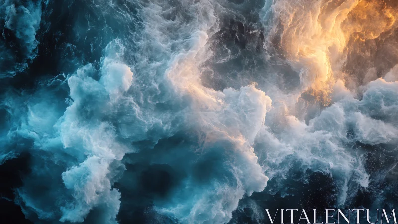 Fiery light strikes turbulent teal and white ocean waves.