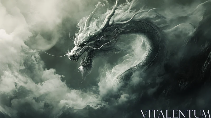 Monochrome storm dragon coils through volumetric clouds in dynamic arc