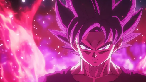 Anime warrior with pink energy aura in intense close-up.