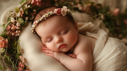 Flower Crown Slumber: Newborn's Botanical Dream.
