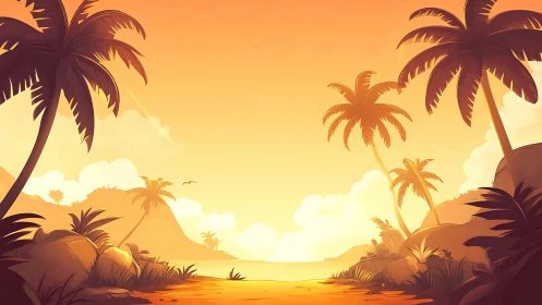 Tropical Sunset Beach Scene with Palm Trees and Golden Hour Lighting.
