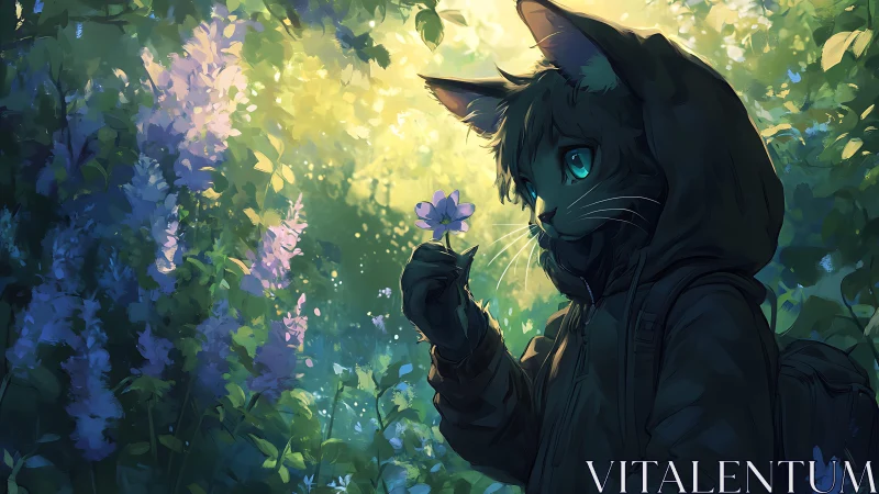 Cat wanderer studies violet bloom in glowing forest