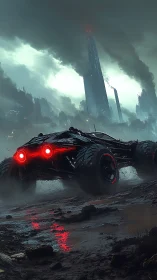 Rogue offroad cybercar stalks a storm-blackened megacity.