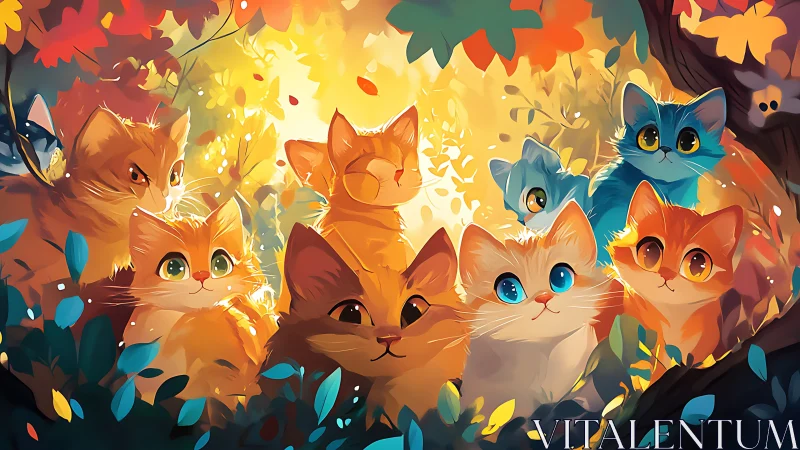 Enchanted Autumn Forest: Whimsical Cats Among Golden Leaves