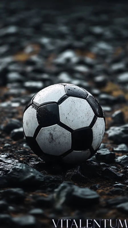 Weathered soccer ball on wet dark gravel with shallow focus.