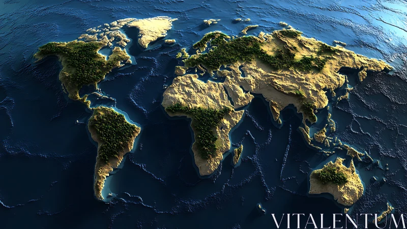 Textured 3D world map highlights continents and oceans.
