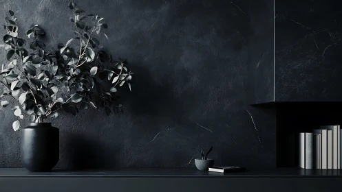 Dark matte shelf holds plant, bowl, book, and vertical books