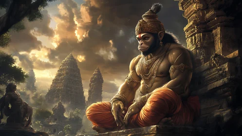 Powerful monkey deity in meditation before ancient temples.