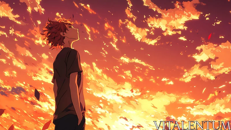 Side profile of youth under expansive orange sunset sky.