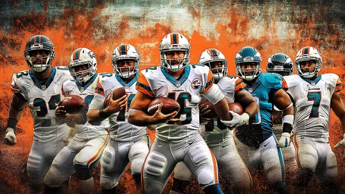 Gridiron thunder line surges through a storm of orange grit.