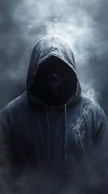 Hooded spectral figure emerges from fog in high-contrast digital art