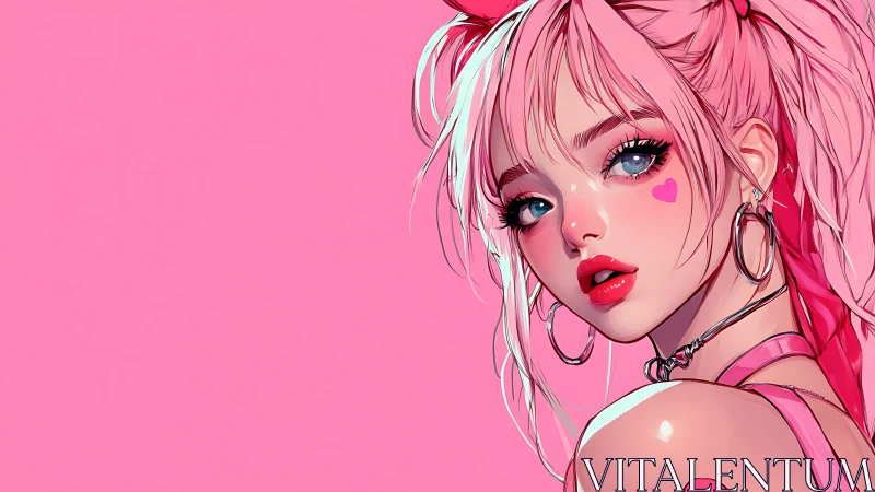 Pink haired anime girl glows against flat pastel backdrop