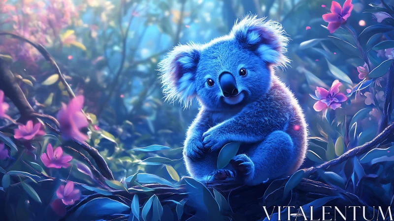 Dreamy blue koala nestled in a glowing flower forest.