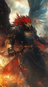 Armored avian war-seraph emerges through volumetric firestorm