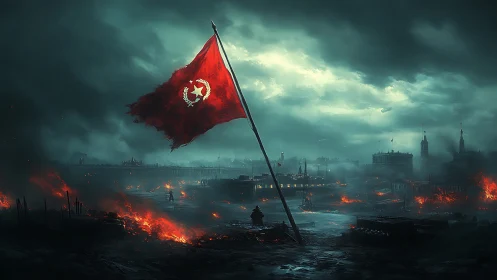 Blood red banner over stormy, firelit postwar cityscape.
