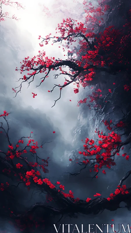 Crimson blossoms cut through misty cliffside void. Period.