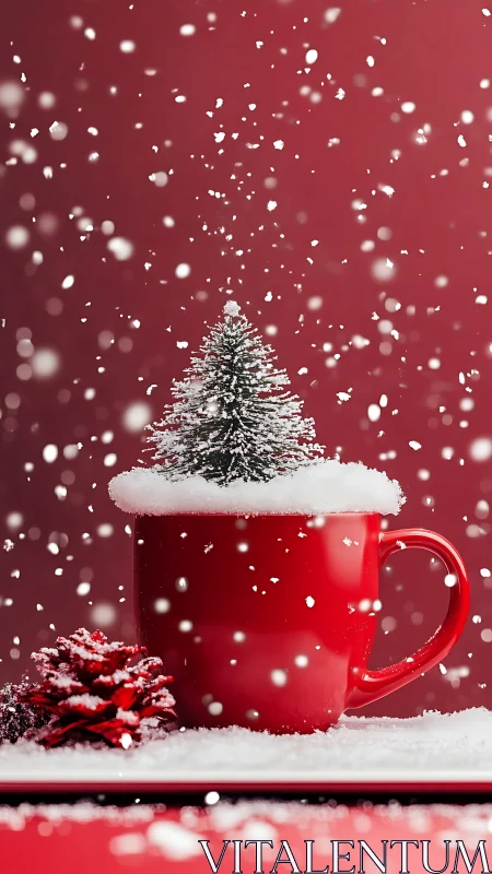 Snow-dusted miniature fir tree rising from red ceramic mug