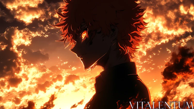 Fiery sunset anime profile with glowing focused gaze.