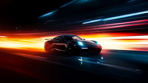 Black sports car cuts neon highway with explosive speed