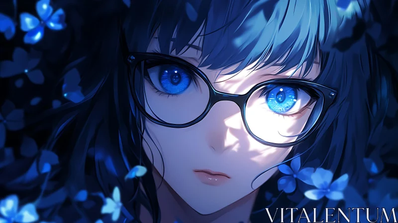 Gentle blue gaze among softly glowing night blossoms.