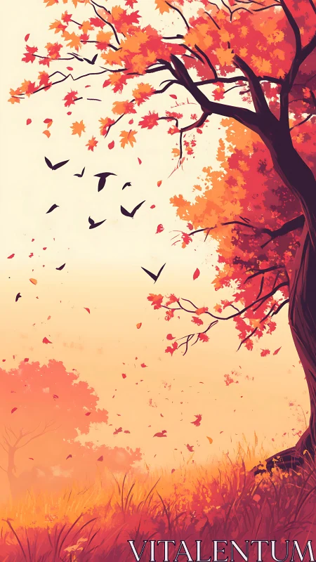 Autumn maple tree with birds in flight over glowing meadow.