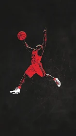 Soaring red basketball silhouette on stark black field.