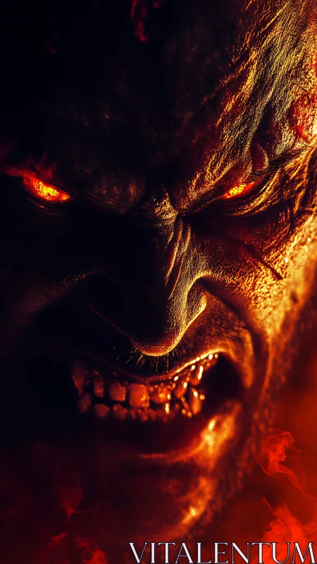 Fiery demon face glowing with rage in dramatic close-up.