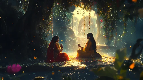 Mystic garden ritual with two women in glowing petals.