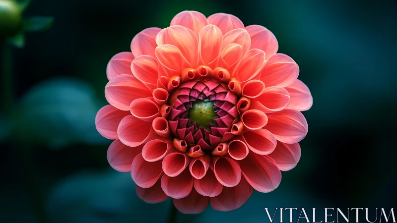 Pink dahlia flower bloom photographed against dark teal background.