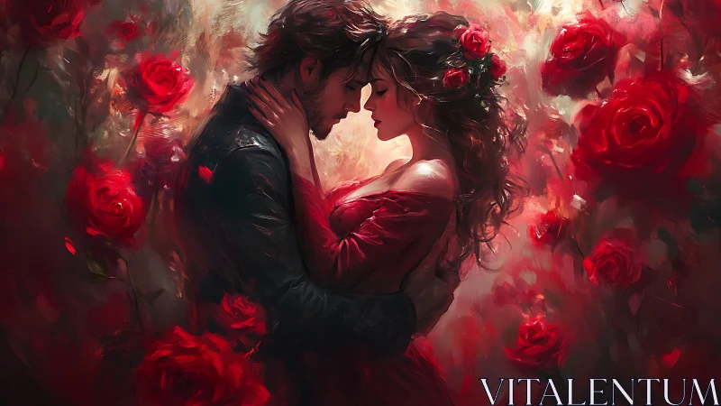 Two souls locked in velvet passion beneath crimson blooms