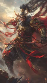 Armored warlord brandishes flaming blade amid turbulent battlefield