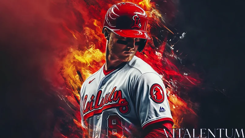 Baseball player stands in fiery abstract background glow
