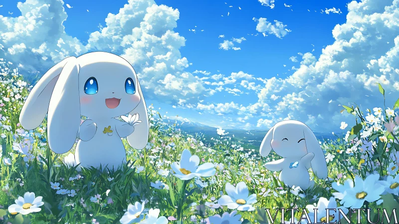 Cloud-bright bunnies trade daisy secrets in a skywide meadow