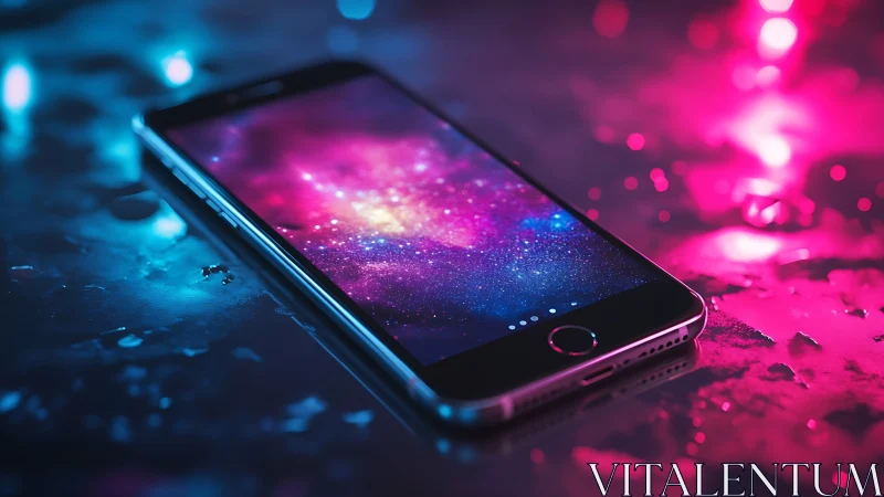 Smartphone screen displays vivid galaxy under neon light