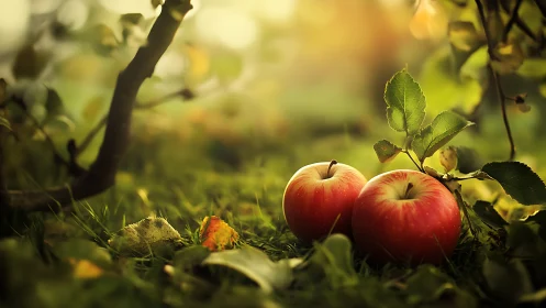 Sunlit orchard apples resting on mossy forest floor.