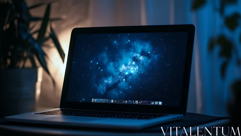 Laptop screen glows with cosmic galaxy wallpaper at night.